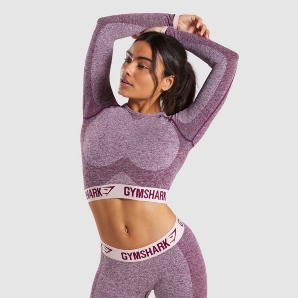 GYMSHARK Flex Long Sleeve Crop Top - Dark Ruby/Blush Nude
